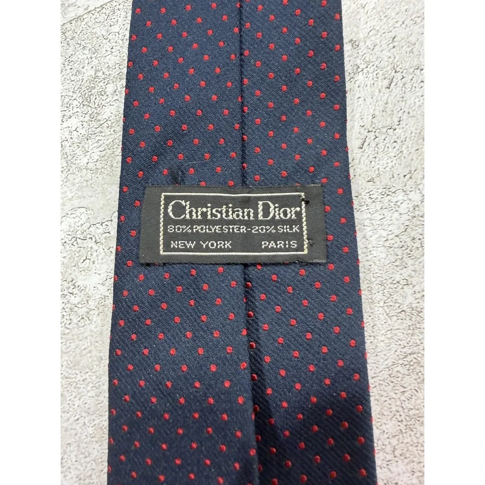 Christian Dior Tie Men OS Blue Red Polka Dot Silk Blend Embroidered Logo Vintage